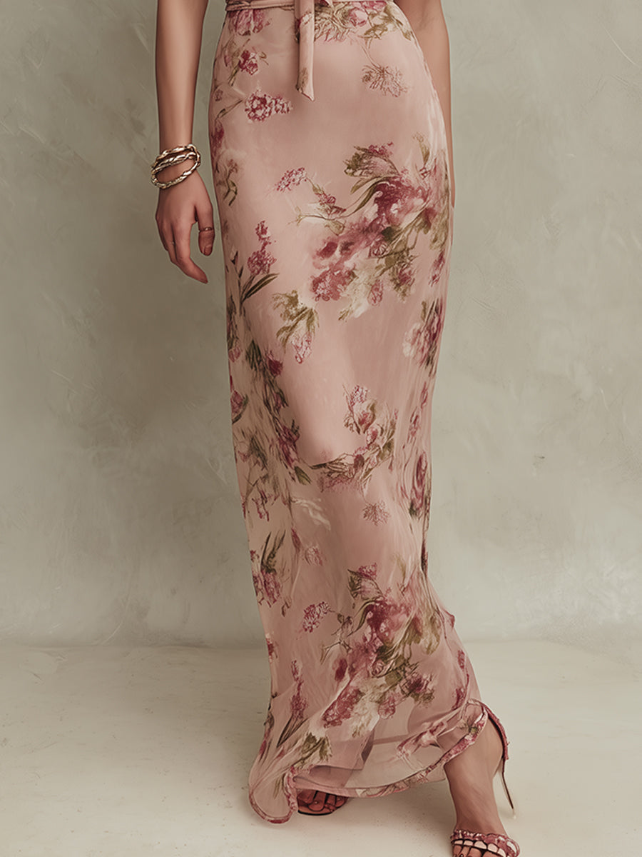 Lia - Robe Maxi en Chiffon à Imprimé Floral Élégant avec Encolure en Trou de Serrure