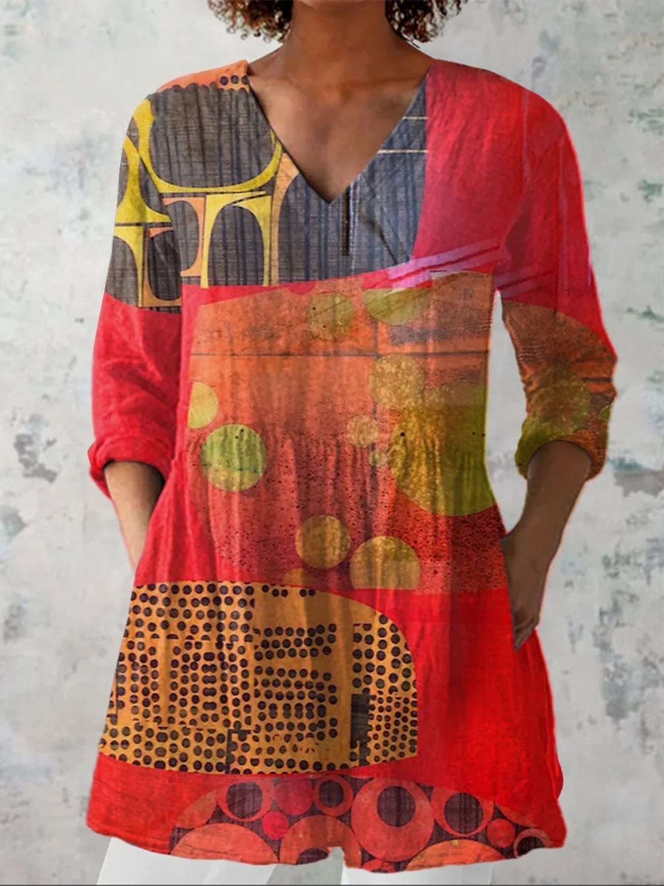 Chemise en Lin à V Col Femme - Impression d'Art Abstrait Moderne