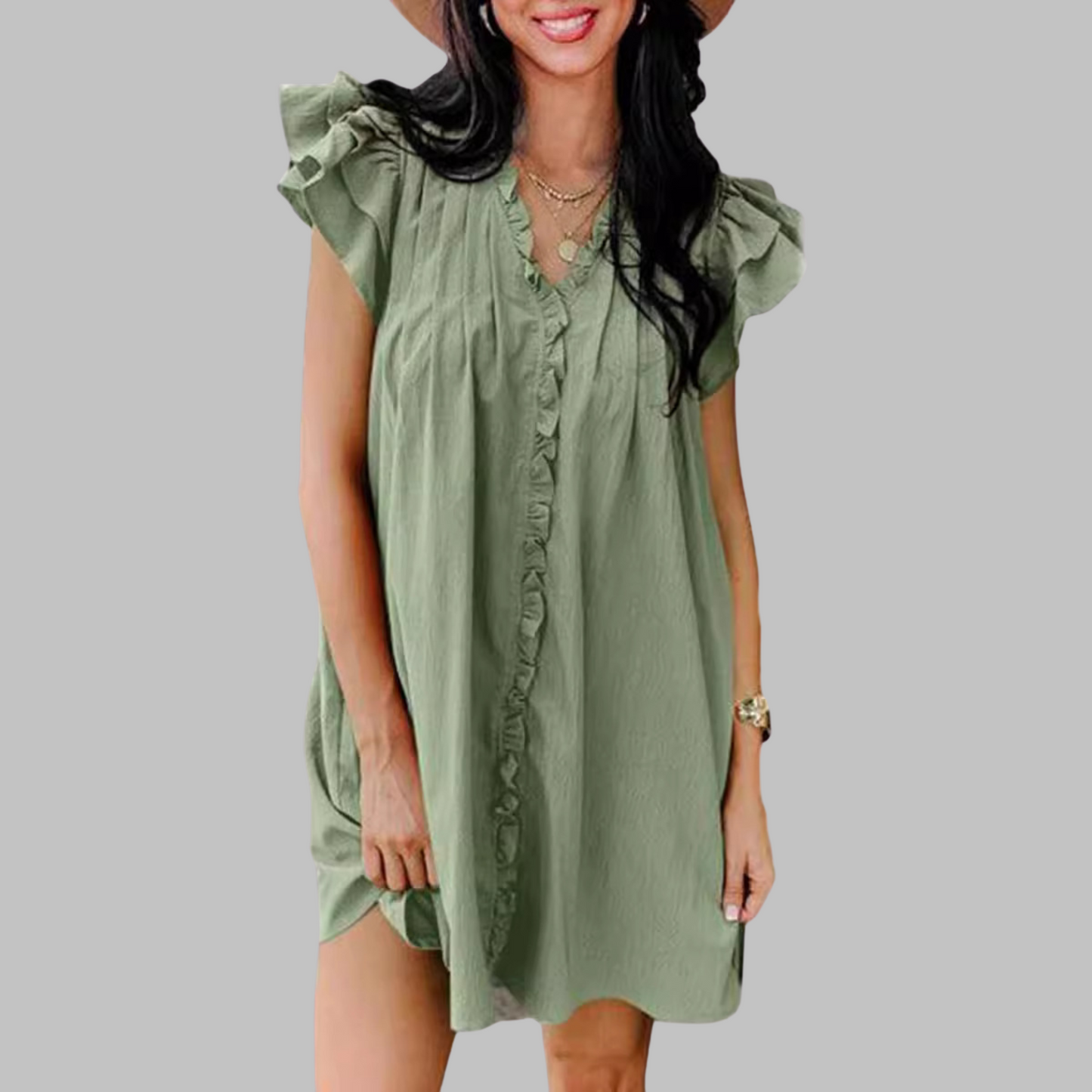 MARCELLA™ - Robe midi décontractée à volants et col en V