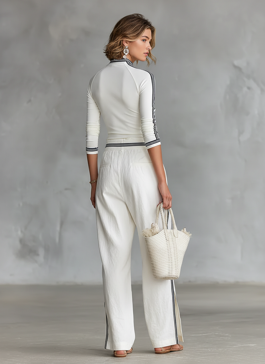 Ensemble Femme Deux Pièces : T-shirt Sportif à Manches Longues avec Col Haut et Pantalon Ample avec Cordon de Serrage