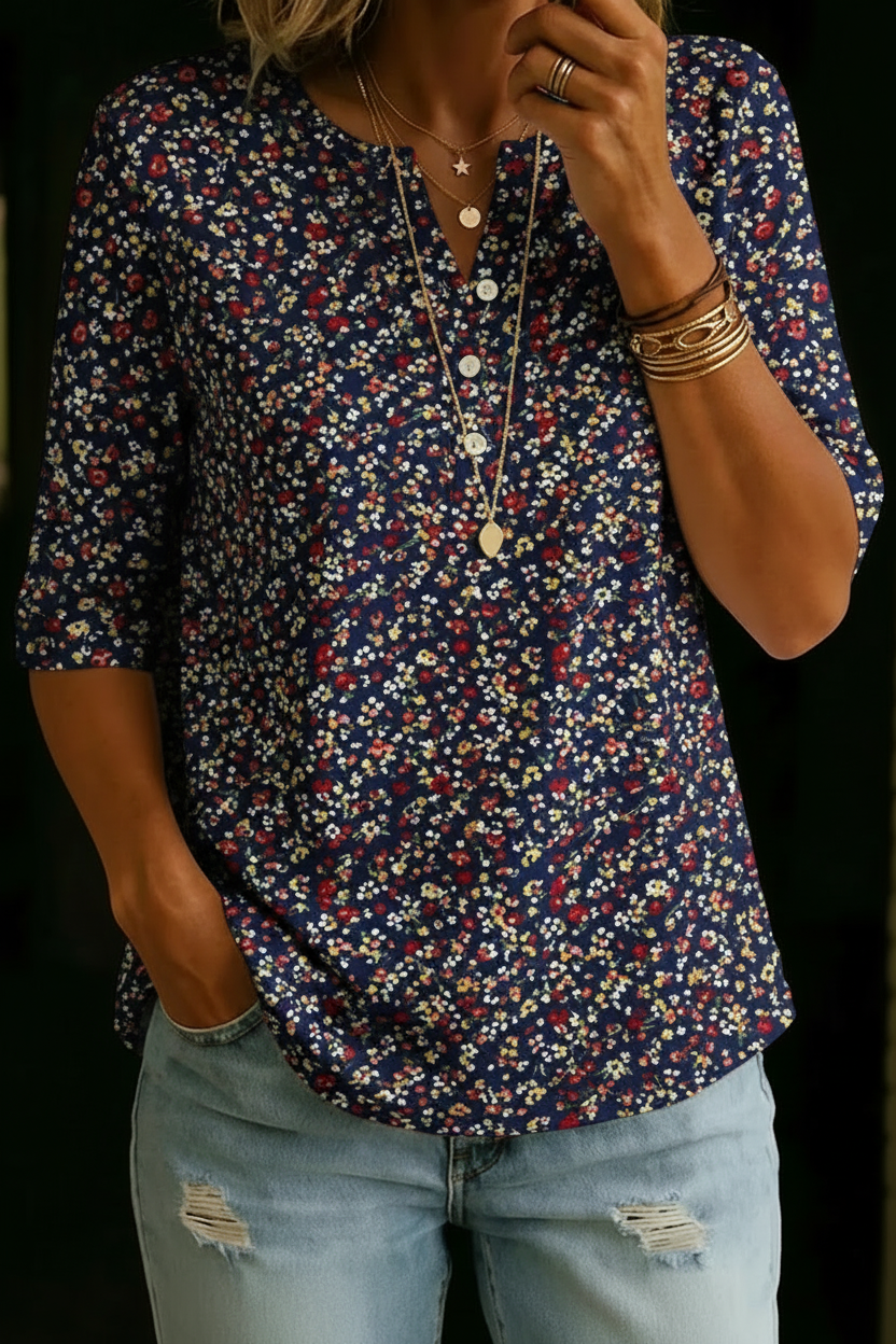 Haut Henley en Coton à Imprimé Floral Vintage pour Femmes