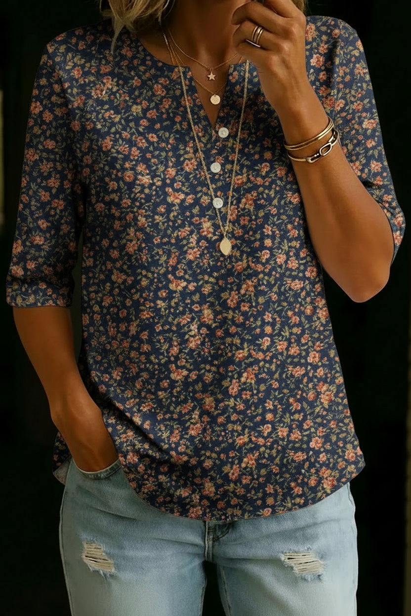 Haut Henley en Coton à Imprimé Floral pour Femmes à Manches Mi-Longues
