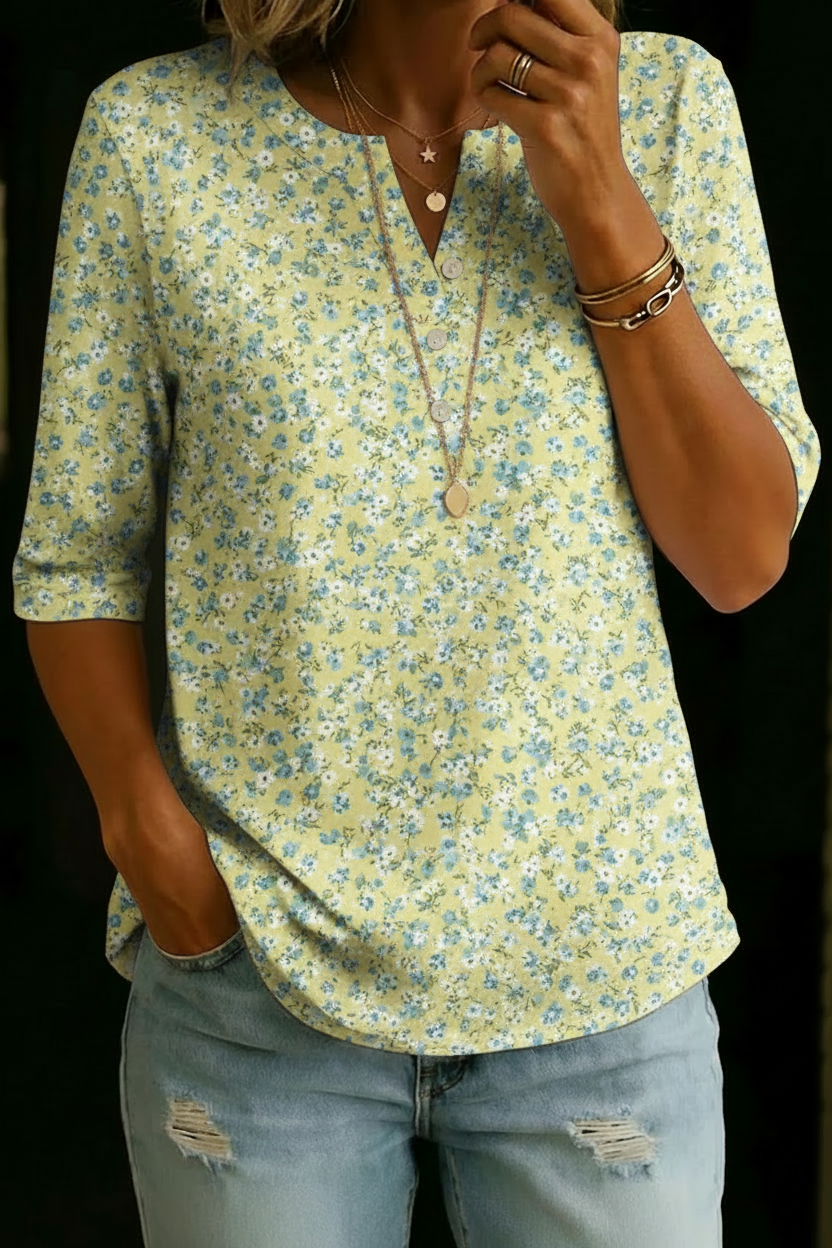T-shirt Henley en mélange de coton à manches courtes, imprimé floral Ditsy jaune et bleu pour femmes