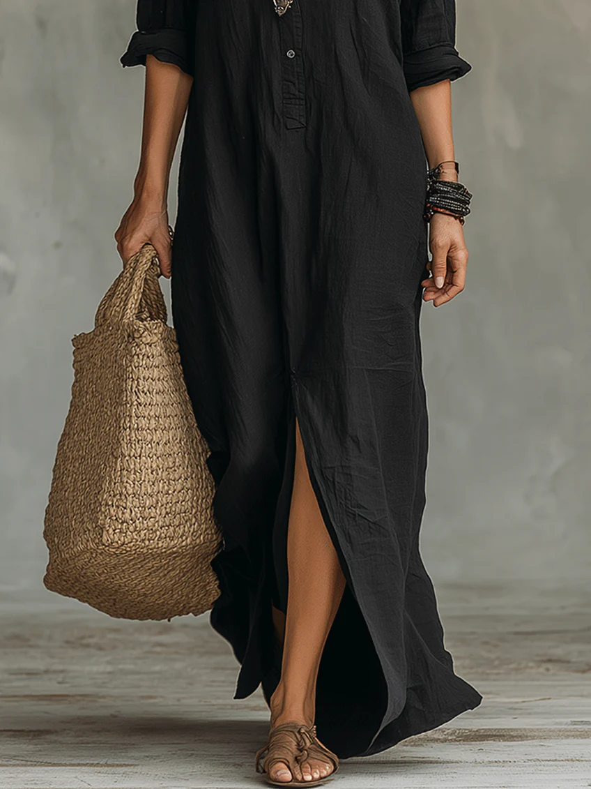 Soline™ | Robe maxi noire avec boutons