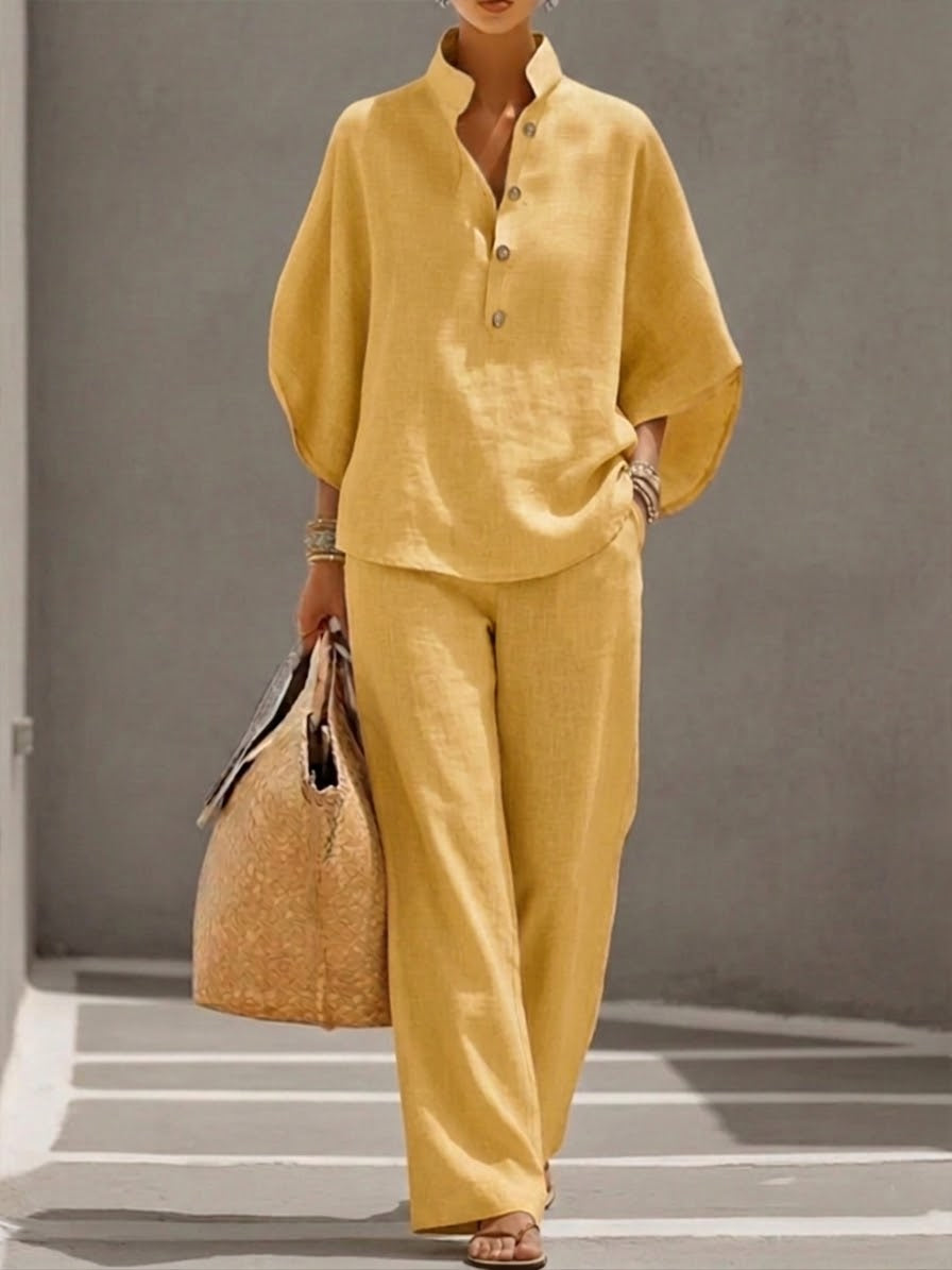 Eszter™ | Ensemble en coton et toile avec manches chauve-souris et pantalon à jambes larges