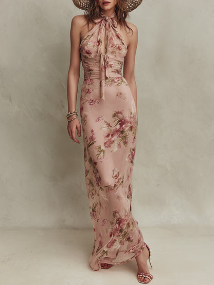Lia - Robe Maxi en Chiffon à Imprimé Floral Élégant avec Encolure en Trou de Serrure