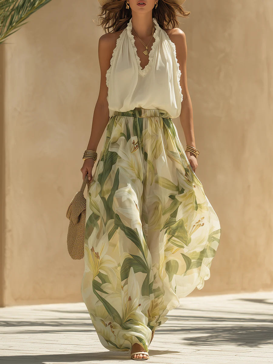 Ensemble Top en Chiffon Volant et Pantalon Imprimé Lys