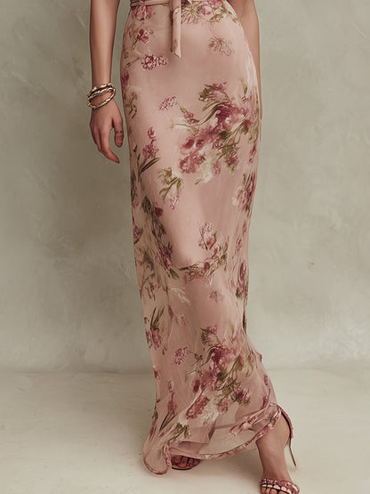 Lia - Robe Maxi en Chiffon à Imprimé Floral Élégant avec Encolure en Trou de Serrure