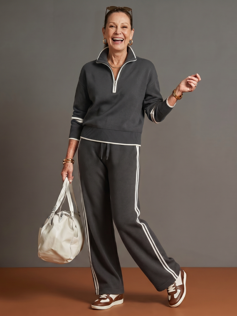 Pluie | Ensemble Pantalon à Rayures Latérales à Manches Longues avec Col Zippé