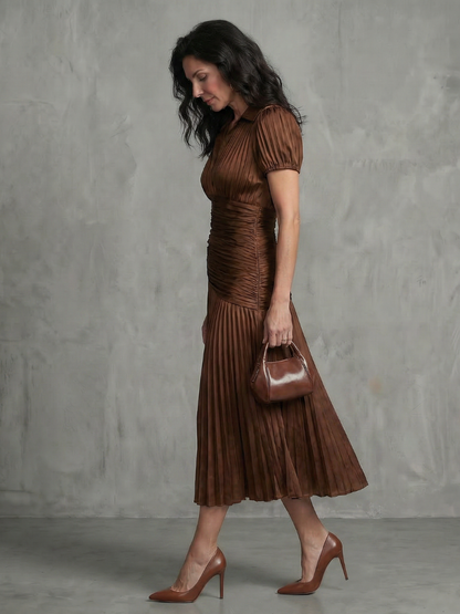 Theodora | Robe midi à taille plissée et rayée