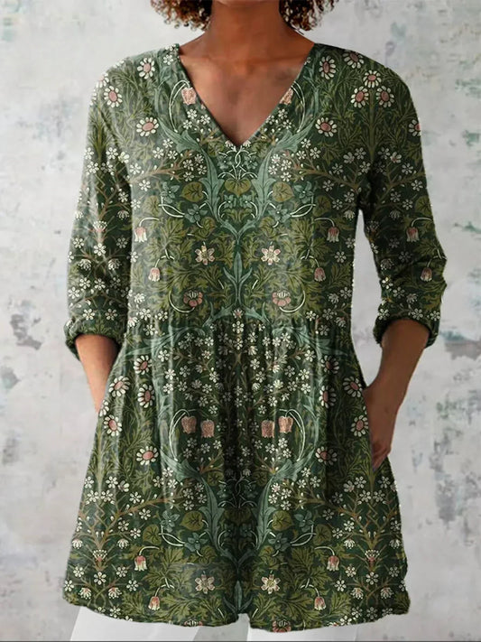 Chemise en lin décontractée à imprimé floral vintage pour femmes