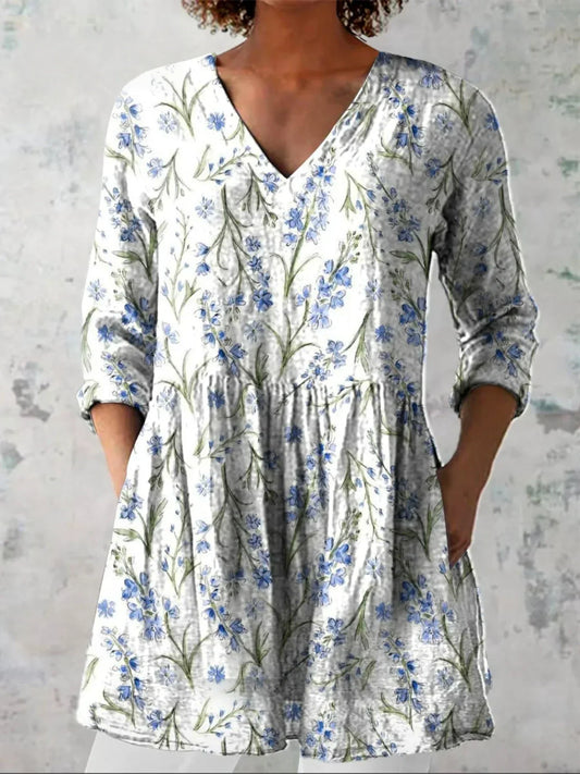 Chemise en lin à col en V avec imprimé floral pour femmes