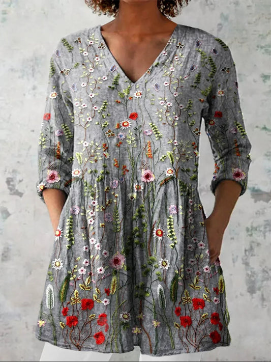 Chemise V en coton lin décontractée imprimée florale vintage pour femmes