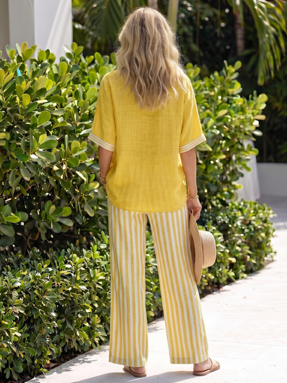 Wren | Ensemble Tunique à Col V Contrasté et Pantalon Rayé
