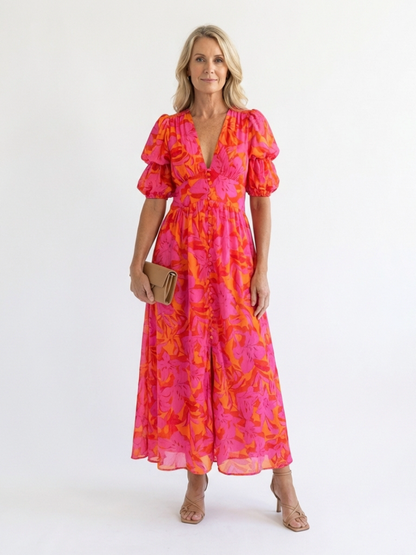 Willow | Robe Midi à Manches Bouffantes en V Floral