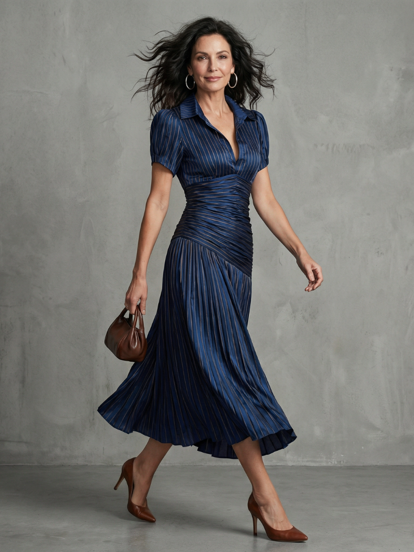 Theodora | Robe midi à taille plissée et rayée