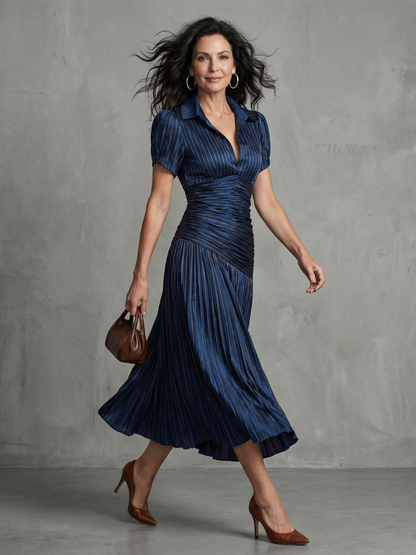 Theodora | Robe midi à taille plissée et rayée