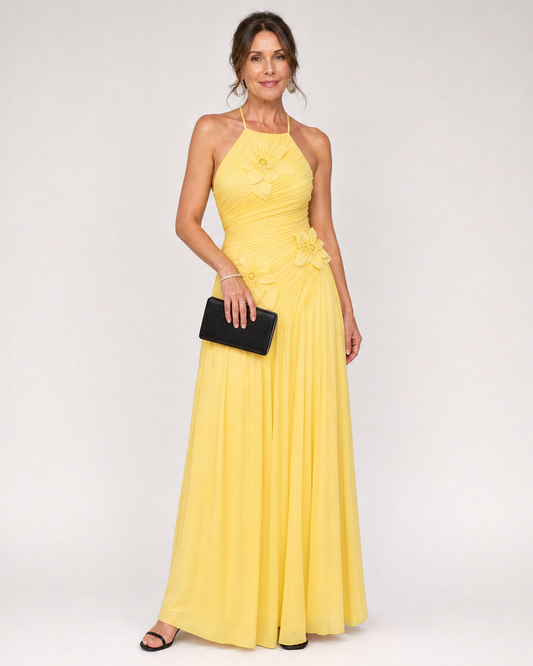 Stephene | Robe Maxi à Col Halter Plissée avec Détails Floraux