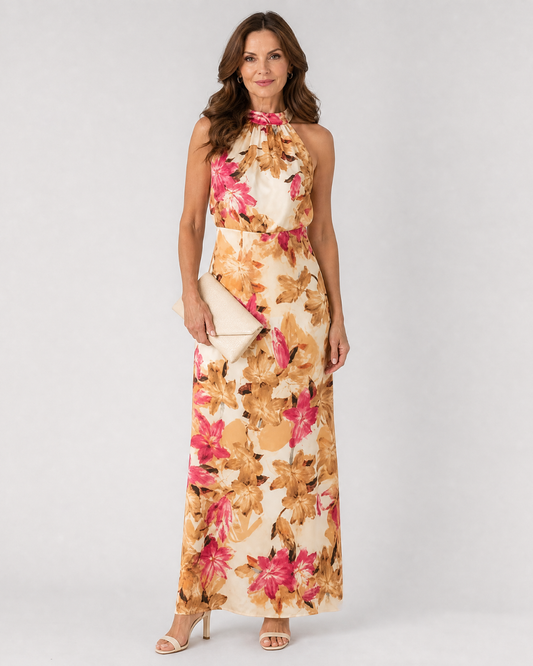 Cekel | Robe Midi Flottante à Imprimé Botanique avec Col Halter
