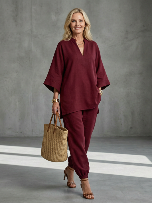 Georgiana | Ensemble Tunique V Col et Pantalon Froncé