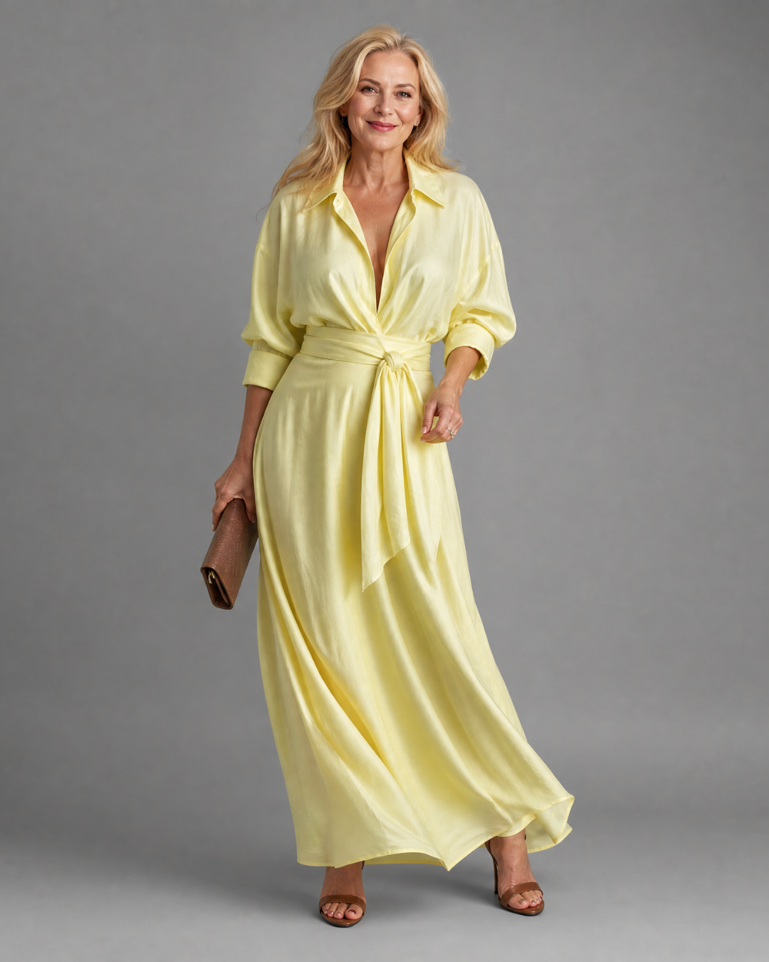 Zelith | Robe Midi Longue à Manches Longues avec Ceinture et Col