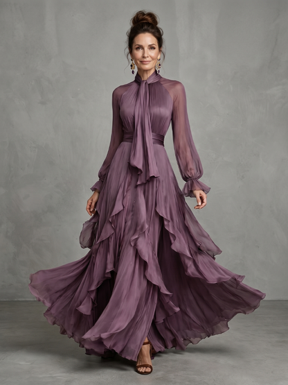 Demetria | Robe Maxi à Col Nœud et Volants