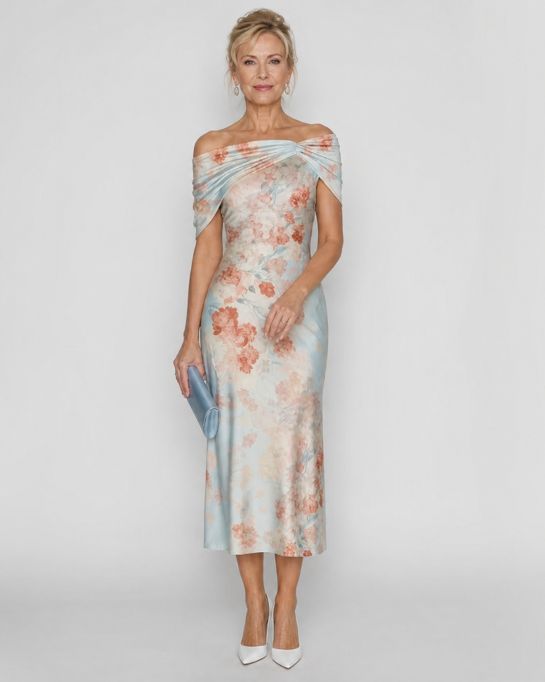 Imore | Robe Midi Ajustée à Fleurs Douces à Épaules Dégagées