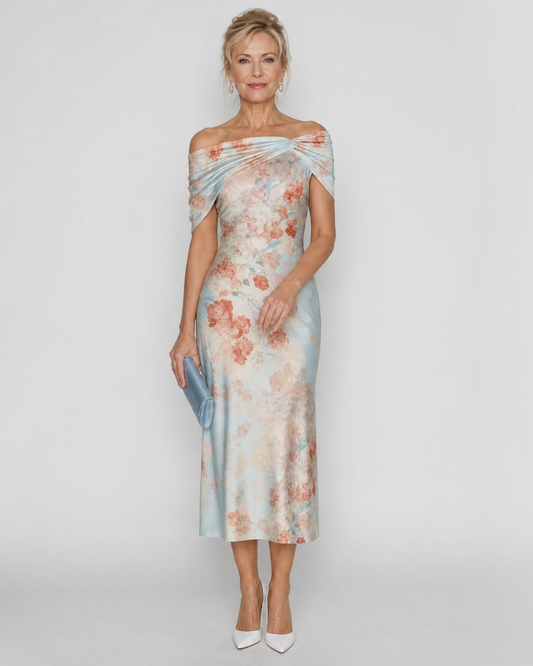 Imore | Robe Midi Ajustée à Fleurs Douces à Épaules Dégagées
