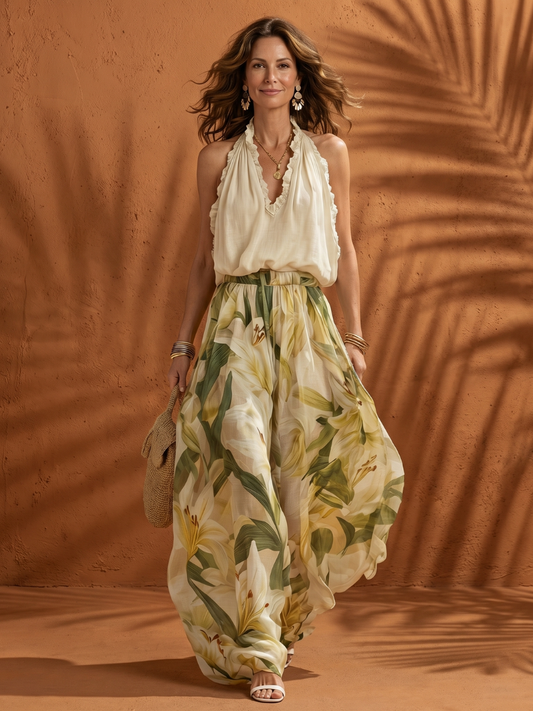 Solange | Blouse à Col Halter Floral avec Pantalon Large