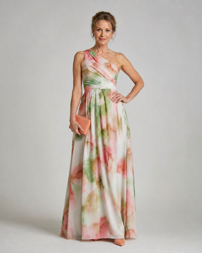 Olene | Robe Maxi Fluide à Une Épaule en Aquarelle