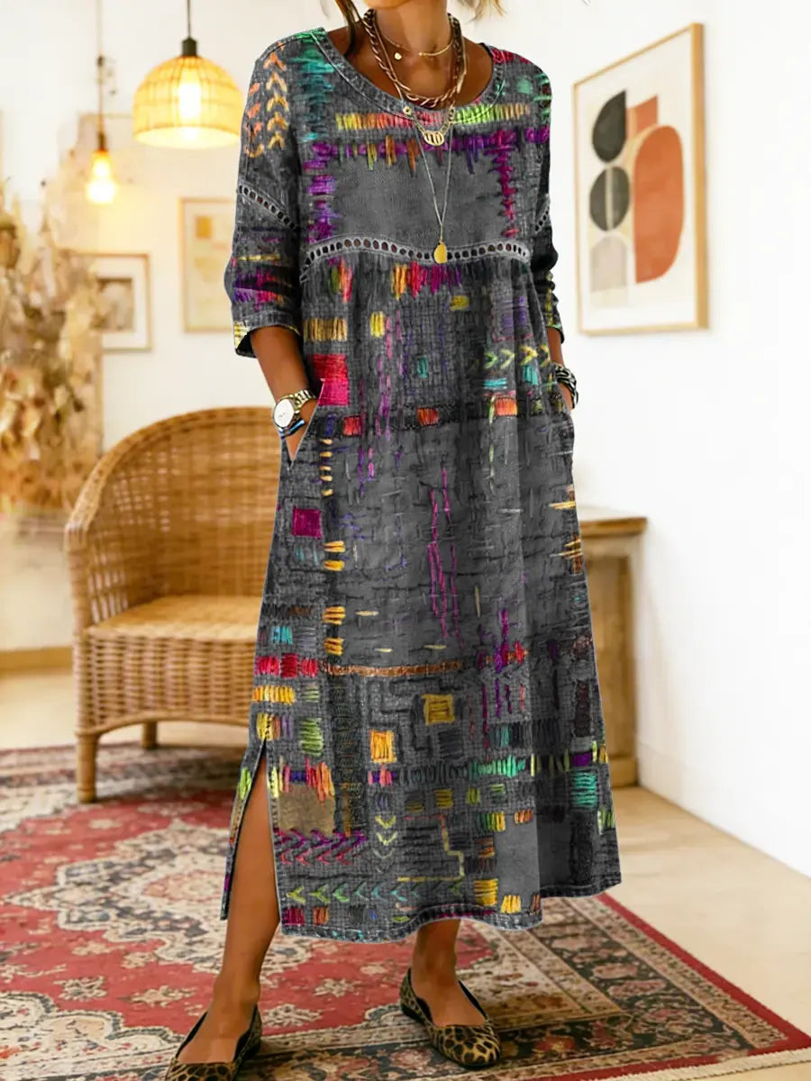 Manuela | Robe Imprimée avec Patchwork Ethnique