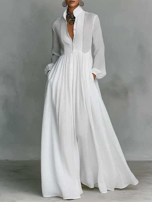 Alessia ∙ Maxi Minimaliste en Coton et Lin avec Patchwork, Col Haut et Manches Longues