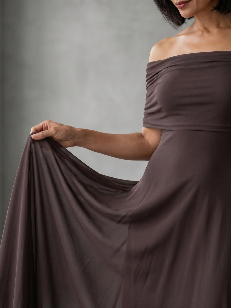 Juin | Robe Midi Drapée à Épaules Nues