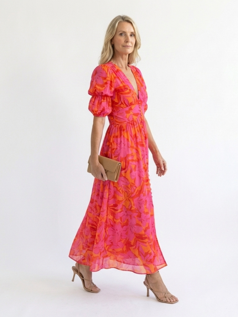 Willow | Robe Midi à Manches Bouffantes en V Floral