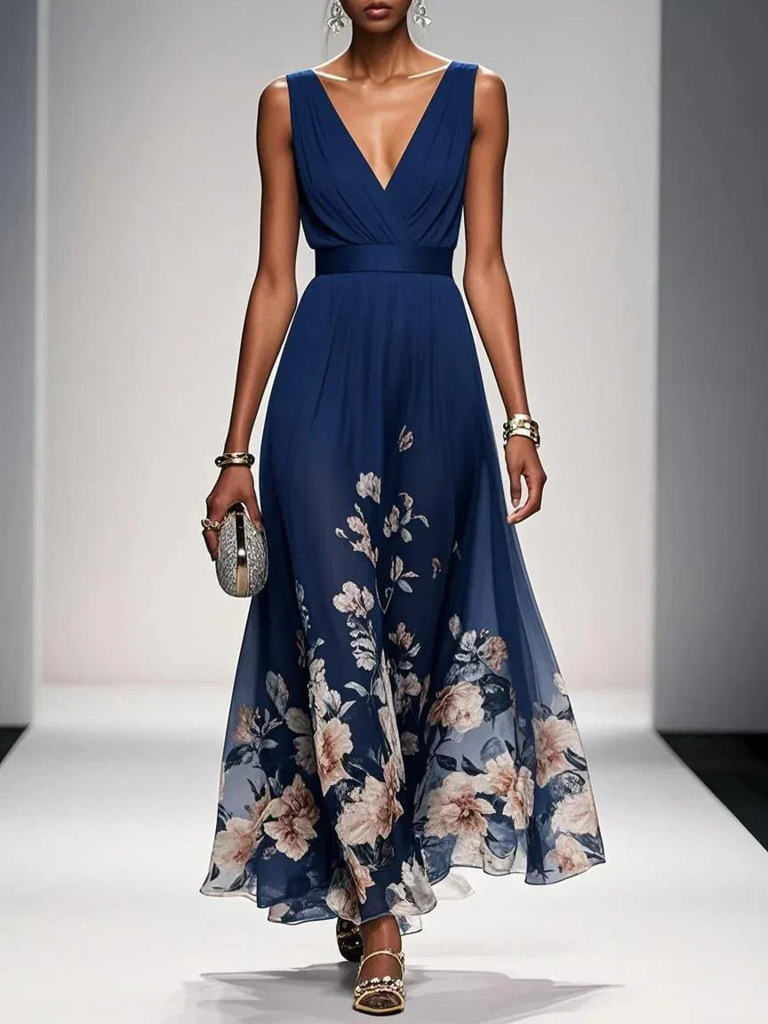 Rose | Robe Maxi Chiffon Fleurie Bleu Clair à Décolleté en V