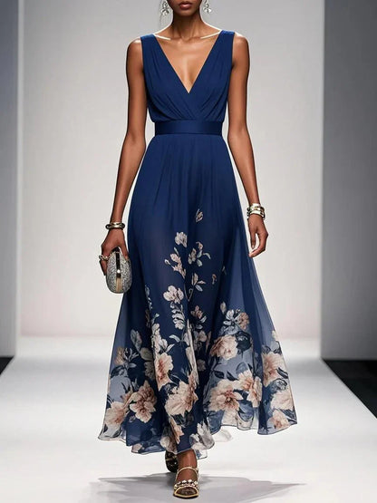 Rose | Robe Maxi Chiffon Fleurie Bleu Clair à Décolleté en V