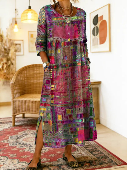 Manuela | Robe Imprimée avec Patchwork Ethnique