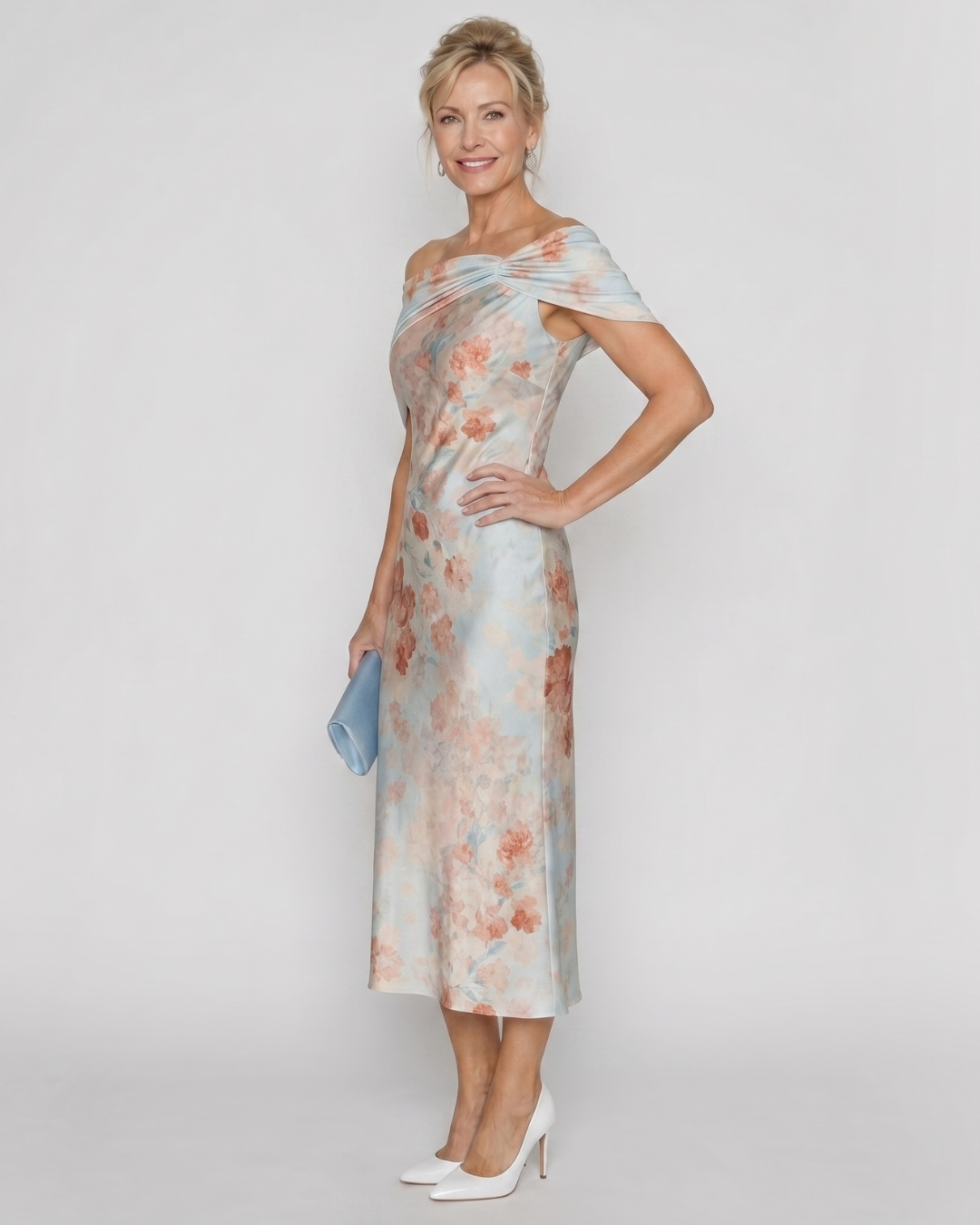 Imore | Robe Midi Ajustée à Fleurs Douces à Épaules Dégagées