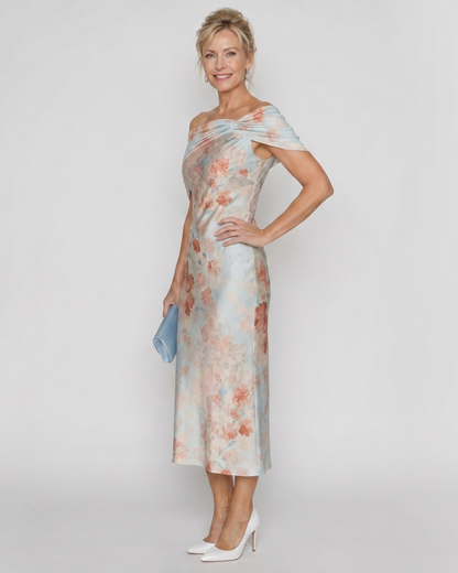 Imore | Robe Midi Ajustée à Fleurs Douces à Épaules Dégagées