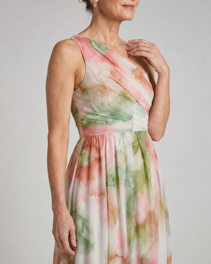 Olene | Robe Maxi Fluide à Une Épaule en Aquarelle