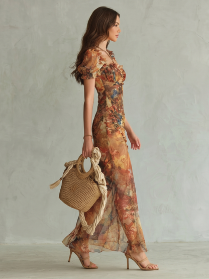 Ciel | Robe Midi Ruchée à Manches Volantes