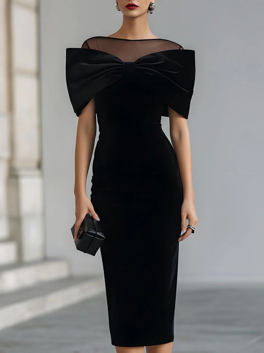 Robe Midi en Velours Noir Dramatique avec Nœud