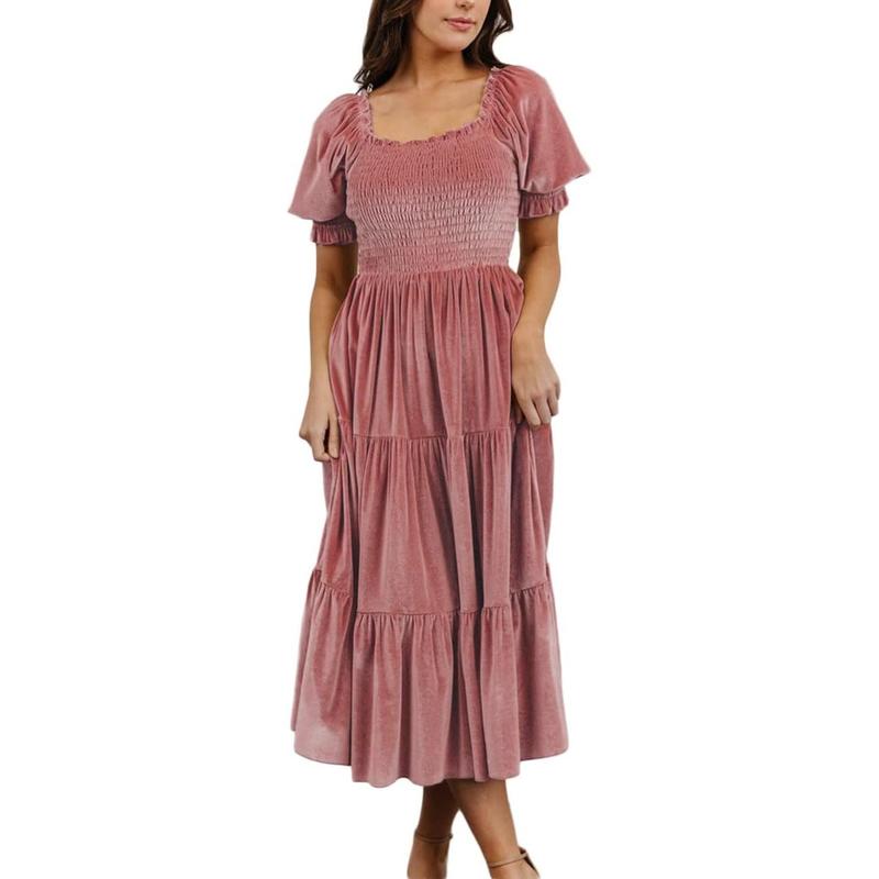 AUDREY™ - Robe Midi Trapèze à Col Carré et Manches Bouffantes pour Toutes Les Occasions
