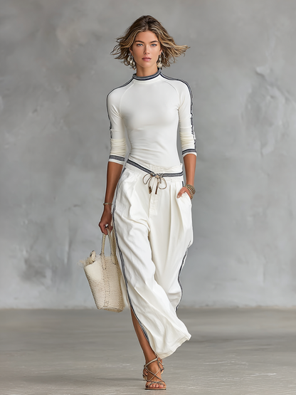 Ensemble Femme Deux Pièces : T-shirt Sportif à Manches Longues avec Col Haut et Pantalon Ample avec Cordon de Serrage