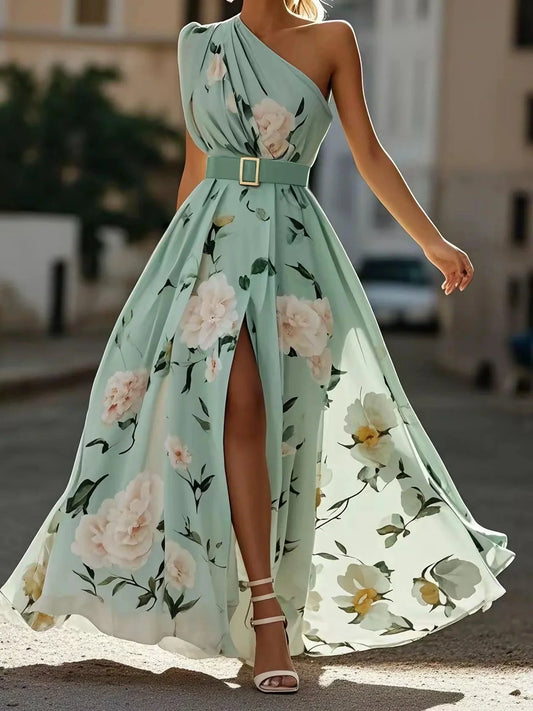 Julie | Robe Maxi Chiffon Fleurie à Une Épaule Vert Clair