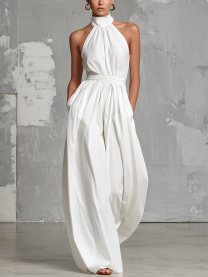 Combinaison élégante blanche tissée, sans manches, à col halter