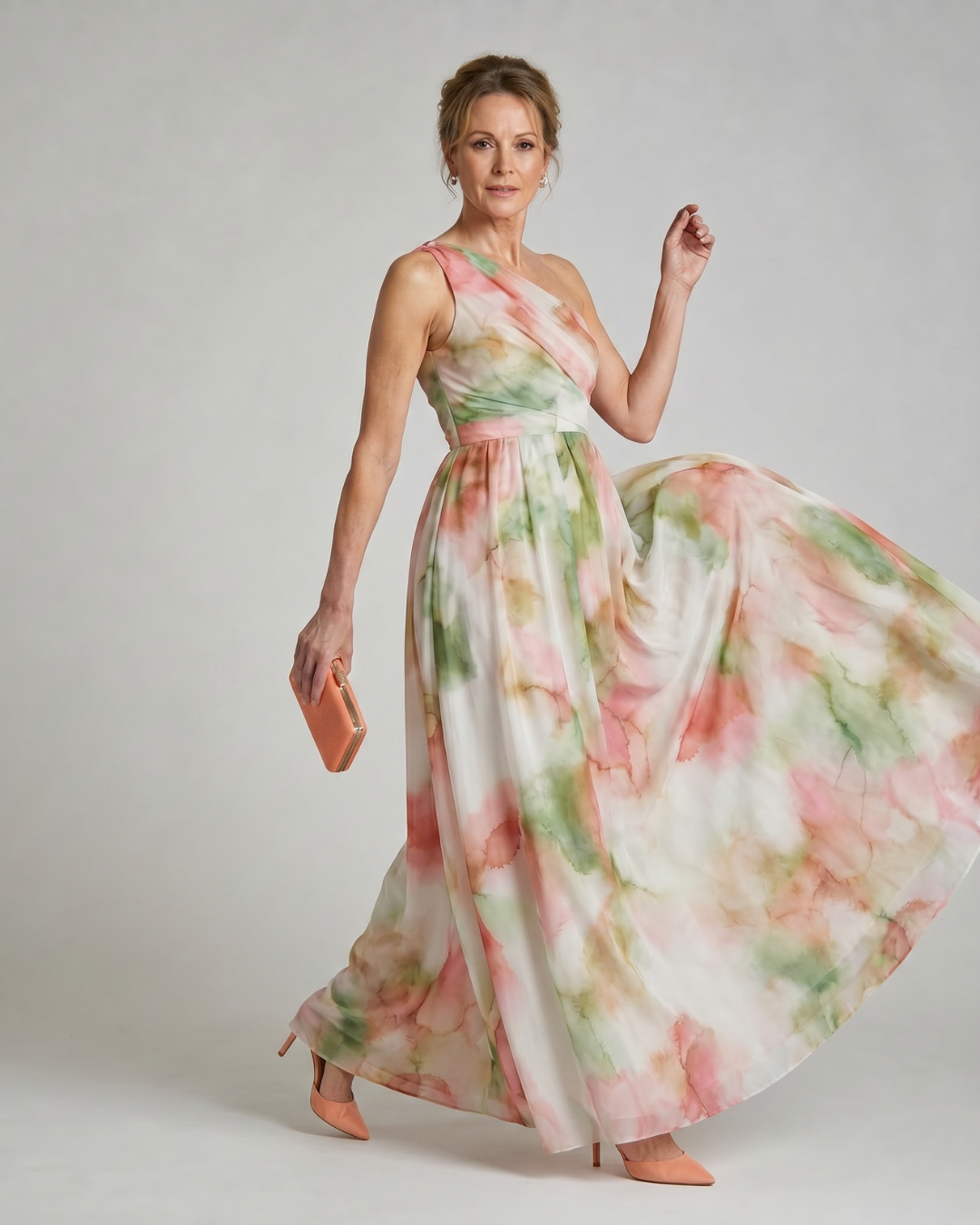 Olene | Robe Maxi Fluide à Une Épaule en Aquarelle