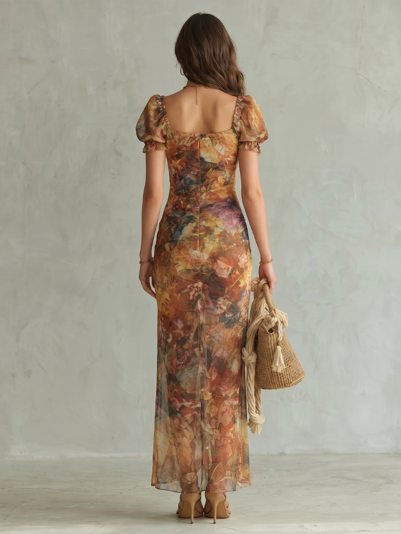 Ciel | Robe Midi Ruchée à Manches Volantes