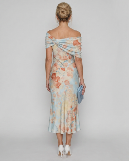 Imore | Robe Midi Ajustée à Fleurs Douces à Épaules Dégagées