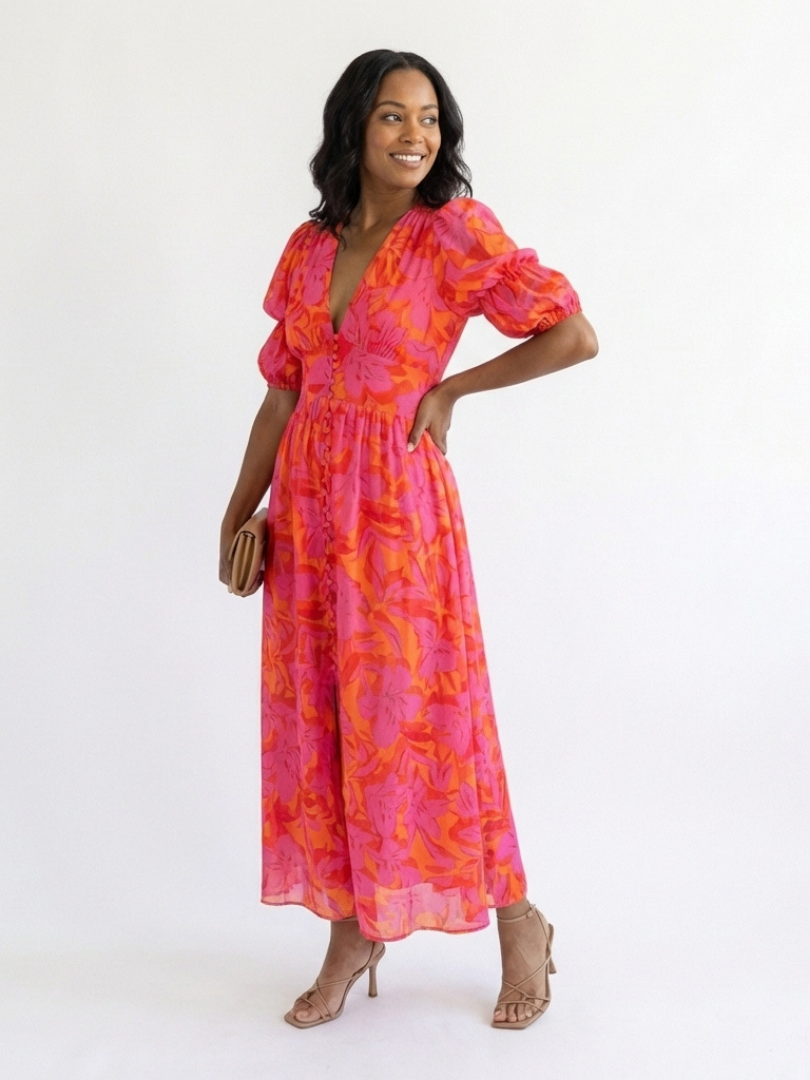 Willow | Robe Midi à Manches Bouffantes en V Floral